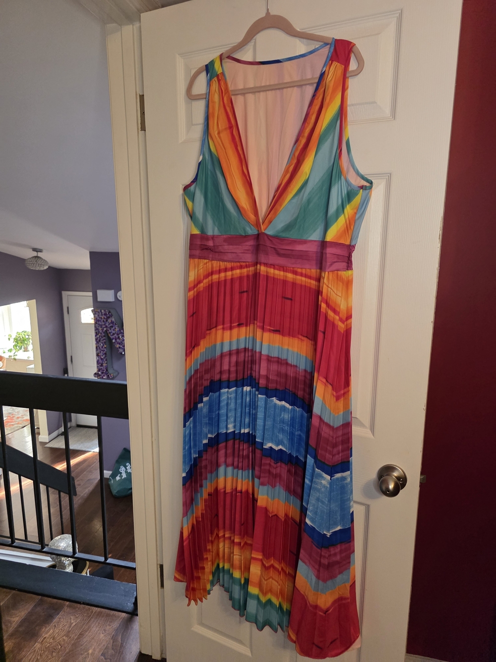 SHEIN Rainbow Striped Pleated V-Neck Maxi Dress